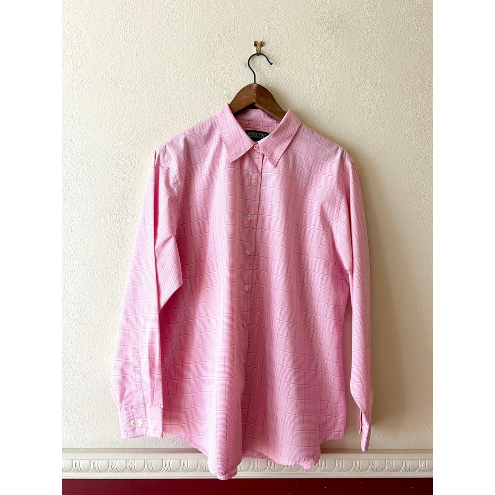 Vintage Lands' End Pink Plaid Button Down Shirt 18W Long Sleeve Point Collar Top